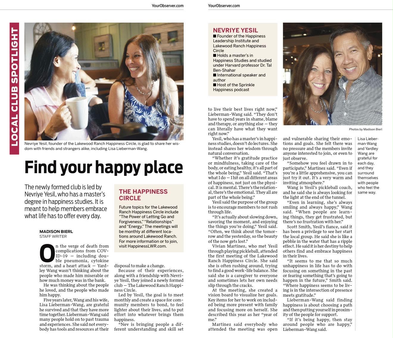 Your Observer newspaper feature, 'Find your happy place', on Nevriye Yesil and the Lakewood Ranch Happiness Circle